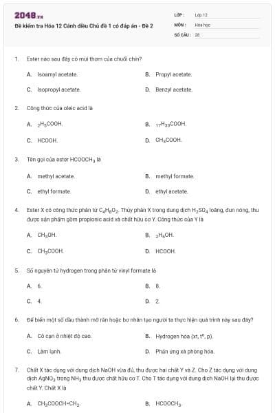 Đề kiểm tra Hóa 12 Cánh diều Chủ đề 1 có đáp án - Đề 2