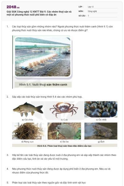 Giải SGK Công nghệ 12 KNTT Bài 9. Các nhóm thuý sản và một số phương thức nuôi phổ biến có đáp án