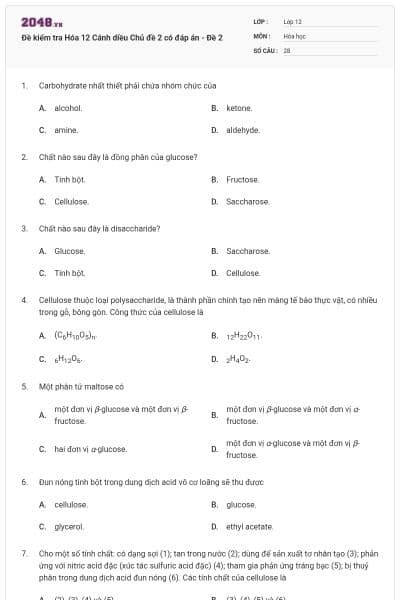 Đề kiểm tra Hóa 12 Cánh diều Chủ đề 2 có đáp án - Đề 2