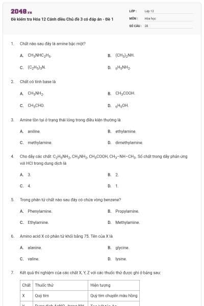Đề kiểm tra Hóa 12 Cánh diều Chủ đề 3 có đáp án - Đề 1
