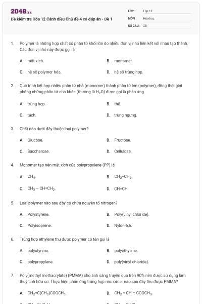 Đề kiểm tra Hóa 12 Cánh diều Chủ đề 4 có đáp án - Đề 1