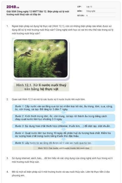 Giải SGK Công nghệ 12 KNTT Bài 12. Biện pháp xử lý môi trường nuôi thuỷ sản có đáp án