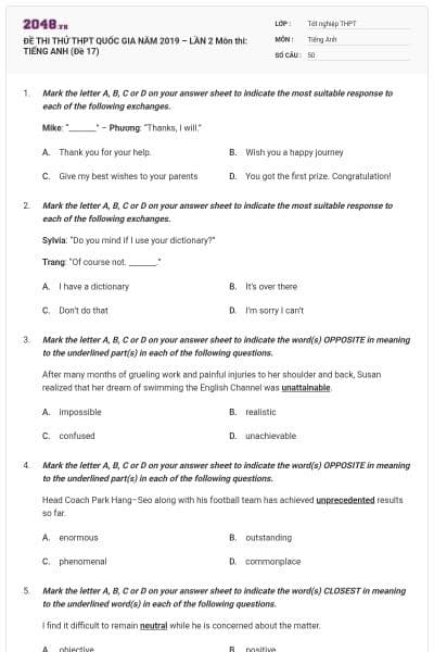 ĐỀ THI THỬ THPT QUỐC GIA NĂM 2019 – LẦN 2 Môn thi: TIẾNG ANH (Đề 17)