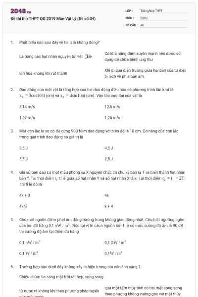 Đề thi thử THPT QG 2019 Môn Vật Lý (Đề số 04)