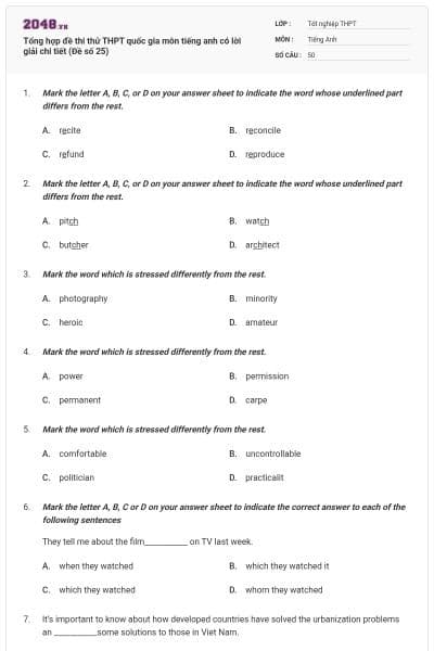Tổng hợp đề thi thử THPT quốc gia môn tiếng anh có lời giải chi tiết (Đề số 25)