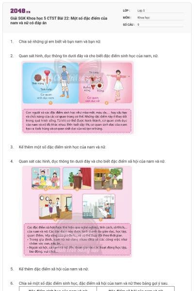 Giải SGK Khoa học 5 CTST Bài 22: Một số đặc điểm của nam và nữ có đáp án