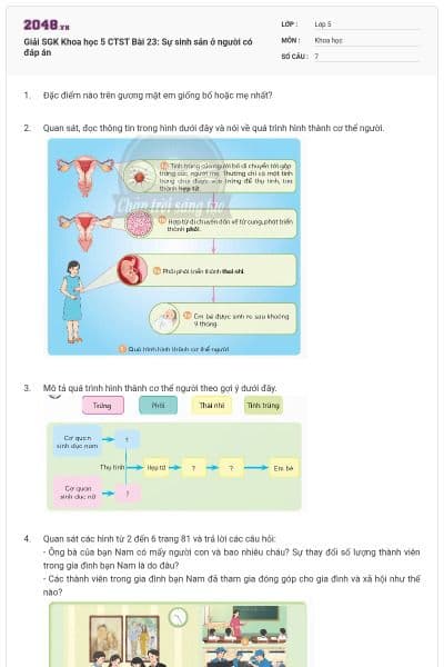 Giải SGK Khoa học 5 CTST Bài 23: Sự sinh sản ở người có đáp án