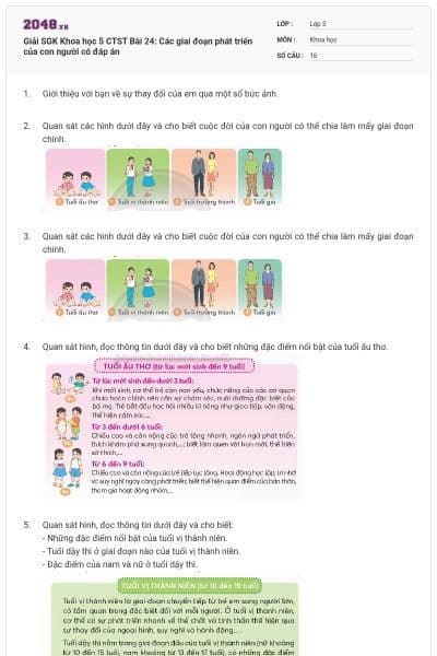 Giải SGK Khoa học 5 CTST Bài 24: Các giai đoạn phát triển của con người có đáp án