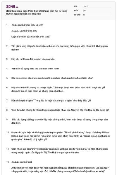 (Ngữ liệu ngoài sgk) Phân tích bài Không gian đời tư trong truyện ngắn Nguyễn Thị Thu Huệ