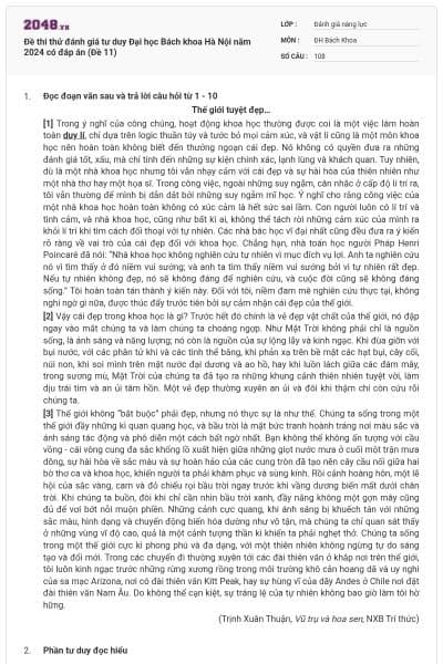 Đề thi thử đánh giá tư duy Đại học Bách khoa Hà Nội năm 2024 có đáp án (Đề 11)