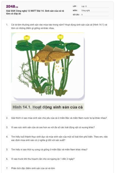 Giải SGK Công nghệ 12 KNTT Bài 14. Sinh sản của cá và tôm có đáp án