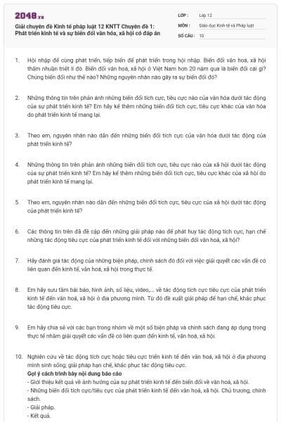 Giải chuyên đề Kinh tế pháp luật 12 KNTT Chuyên đề 1: Phát triển kinh tế và sự biến đổi văn hóa, xã hội có đáp án