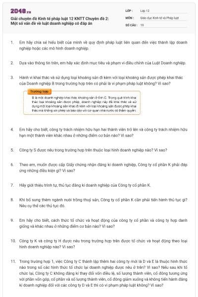 Giải chuyên đề Kinh tế pháp luật 12 KNTT Chuyên đề 2: Một số vấn đề về luật doanh nghiệp có đáp án