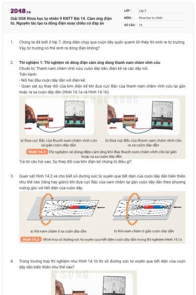 Giải SGK Khoa học tự nhiên 9 KNTT Bài 14. Cảm ứng điện từ. Nguyên tắc tạo ra dòng điện xoay chiều có đáp án