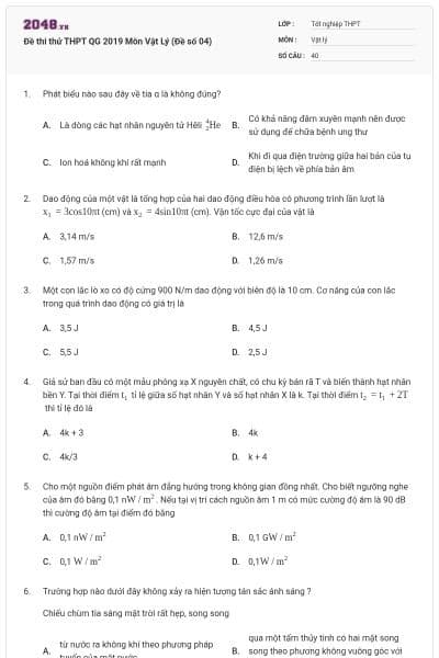 Đề thi thử THPT QG 2019 Môn Vật Lý (Đề số 04)