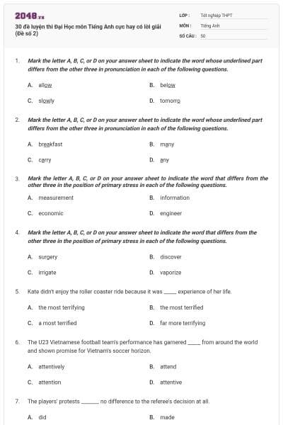30 đề luyện thi Đại Học môn Tiếng Anh cực hay có lời giải (Đề số 2)