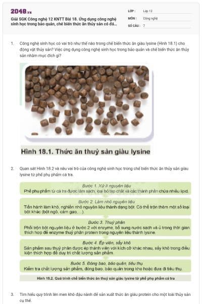 Giải SGK Công nghệ 12 KNTT Bài 18. Ứng dụng công nghệ sinh học trong bảo quản, chế biến thức ăn thủy sản có đáp án