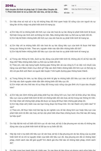 Giải chuyên đề Kinh tế pháp luật 12 Cánh diều Chuyên đề 1: Phát triển kinh tế và sự biến đổi văn hóa, xã hội có đáp án