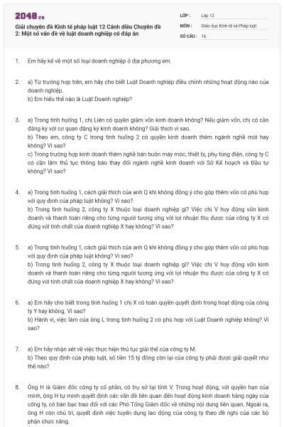 Giải chuyên đề Kinh tế pháp luật 12 Cánh diều Chuyên đề 2: Một số vấn đề về luật doanh nghiệp có đáp án