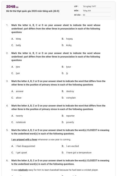 Đề thi thử thpt quốc gia 2020 môn tiếng anh (đề 8)
