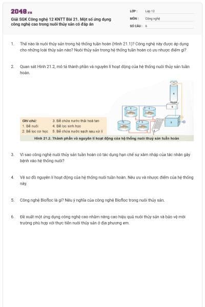 Giải SGK Công nghệ 12 KNTT Bài 21. Một số ứng dụng công nghệ cao trong nuôi thủy sản có đáp án