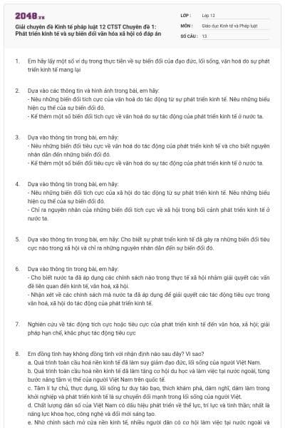 Giải chuyên đề Kinh tế pháp luật 12 CTST Chuyên đề 1: Phát triển kinh tế và sự biến đổi văn hóa xã hội có đáp án