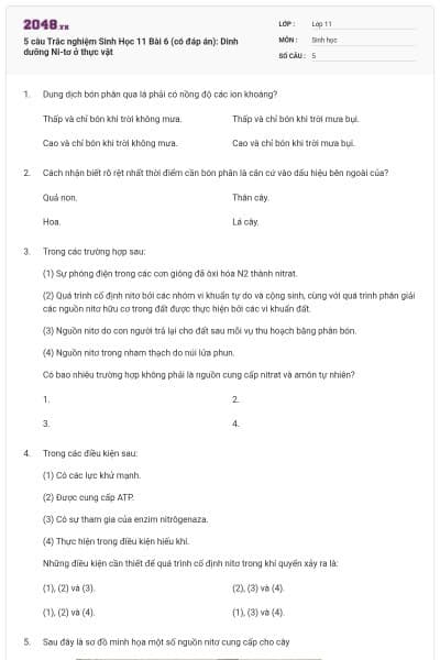 5 câu  Trắc nghiệm Sinh Học 11 Bài 6 (có đáp án): Dinh dưỡng Ni-tơ ở thực vật