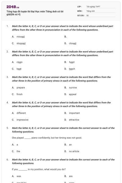 Tổng hợp đề luyện thi Đại Học môn Tiếng Anh có lời giải(Đề số 4)