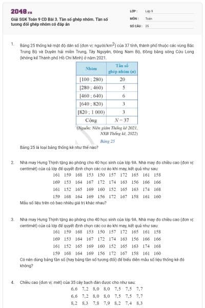 Giải SGK Toán 9 CD Bài 3. Tần số ghép nhóm. Tần số tương đối ghép nhóm có đáp án