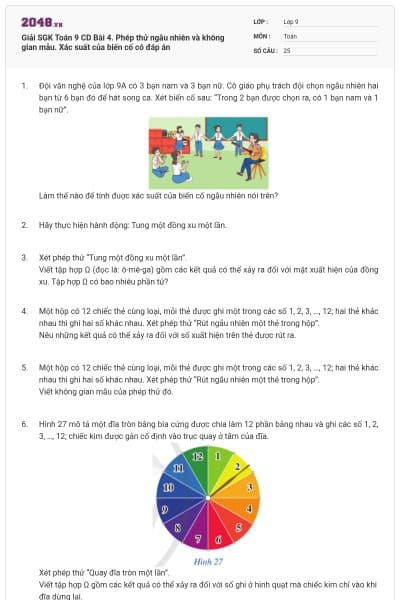 Giải SGK Toán 9 CD Bài 4. Phép thử ngẫu nhiên và không gian mẫu. Xác suất của biến cố có đáp án