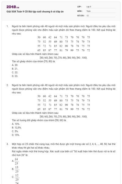 Giải SGK Toán 9 CD Bài tập cuối chương 6 có đáp án