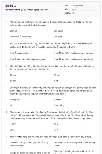 Đề thi thử THPT QG 2019 Môn Vật Lý (Đề số 05)