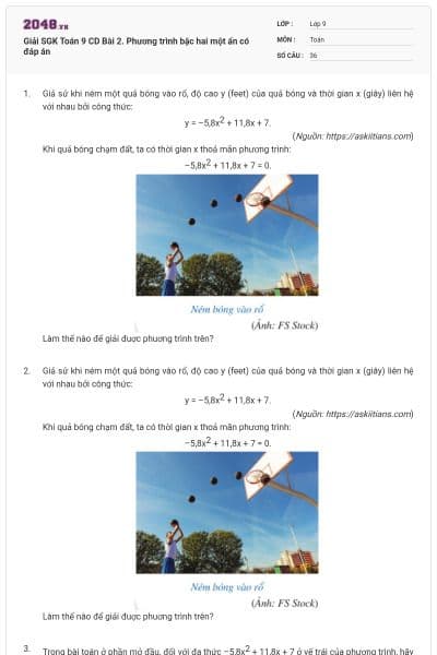 Giải SGK Toán 9 CD Bài 2. Phương trình bậc hai một ẩn có đáp án