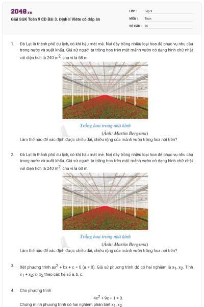 Giải SGK Toán 9 CD Bài 3. Định lí Viète có đáp án