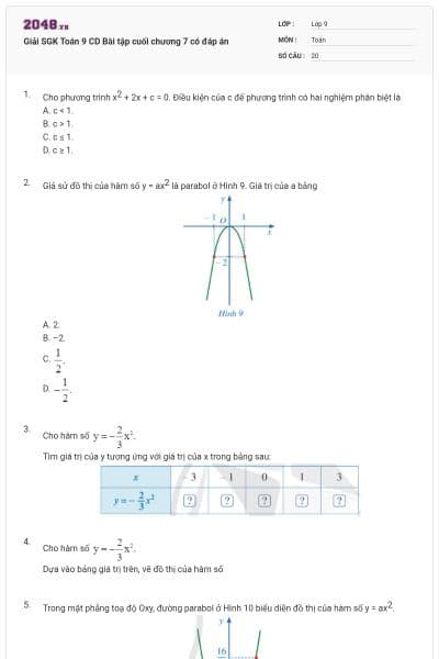 Giải SGK Toán 9 CD Bài tập cuối chương 7 có đáp án