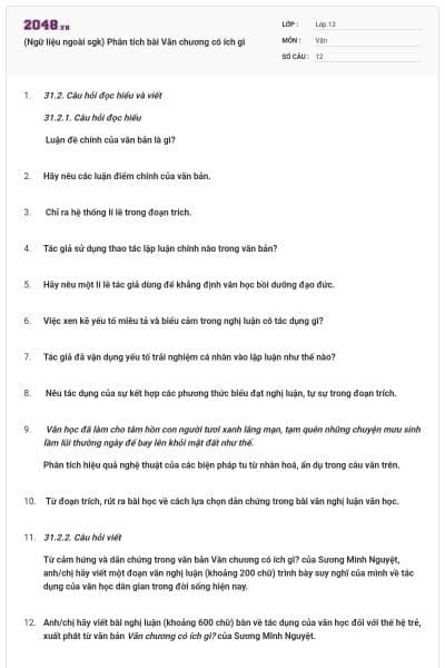 (Ngữ liệu ngoài sgk) Phân tích bài Văn chương có ích gì