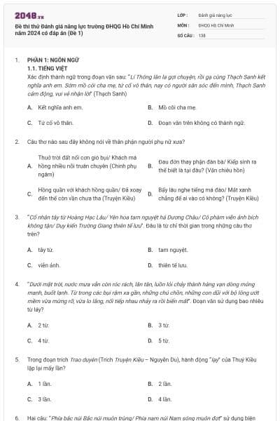 Đề thi thử Đánh giá năng lực trường ĐHQG Hồ Chí Minh năm 2024 có đáp án (Đề 1)