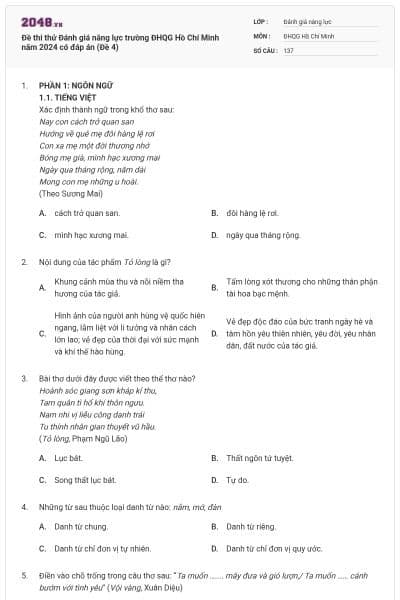 Đề thi thử Đánh giá năng lực trường ĐHQG Hồ Chí Minh năm 2024 có đáp án (Đề 4)