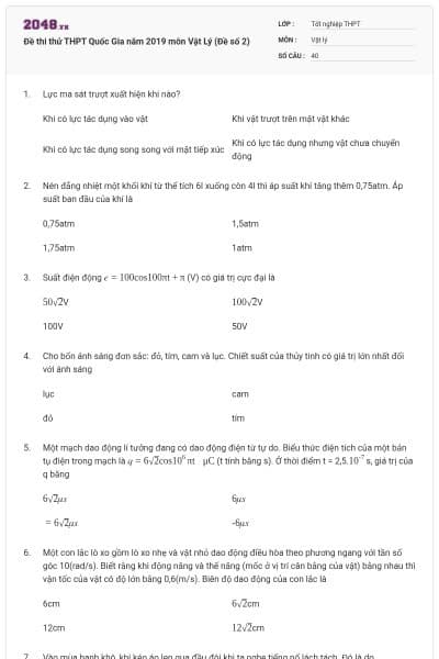 Đề thi thử THPT Quốc Gia năm 2019 môn Vật Lý (Đề số 2)