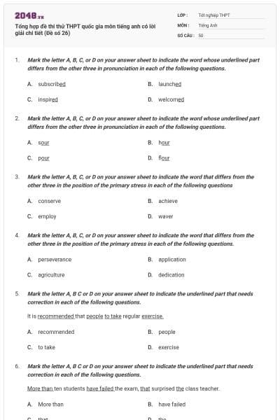Tổng hợp đề thi thử THPT quốc gia môn tiếng anh có lời giải chi tiết (Đề số 26)