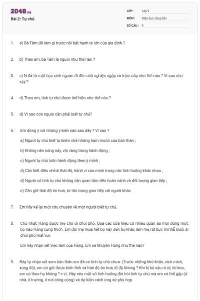 Bài 2: Tự chủ