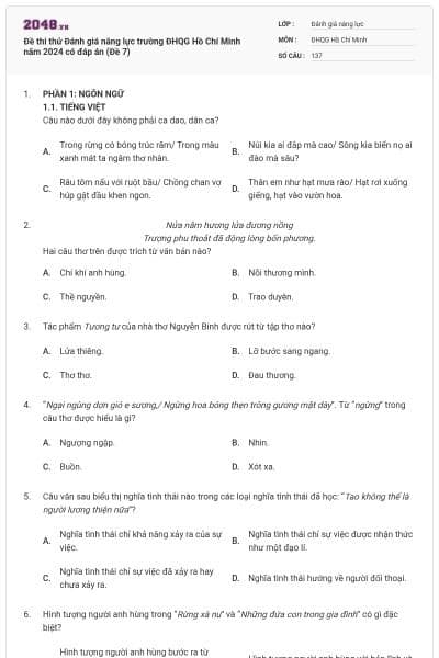 Đề thi thử Đánh giá năng lực trường ĐHQG Hồ Chí Minh năm 2024 có đáp án (Đề 7)