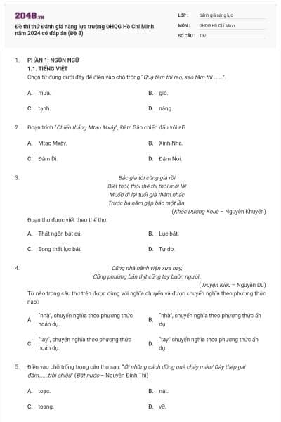 Đề thi thử Đánh giá năng lực trường ĐHQG Hồ Chí Minh năm 2024 có đáp án (Đề 8)