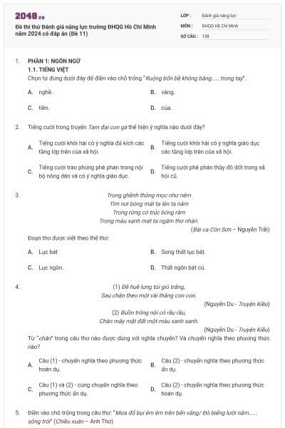 Đề thi thử Đánh giá năng lực trường ĐHQG Hồ Chí Minh năm 2024 có đáp án (Đề 11)