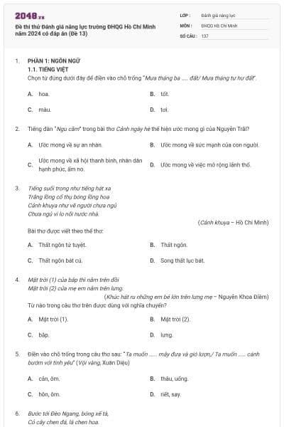 Đề thi thử Đánh giá năng lực trường ĐHQG Hồ Chí Minh năm 2024 có đáp án (Đề 13)