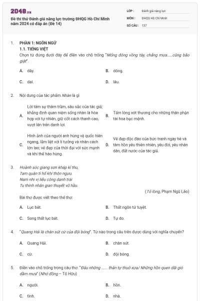 Đề thi thử Đánh giá năng lực trường ĐHQG Hồ Chí Minh năm 2024 có đáp án (Đề 14)