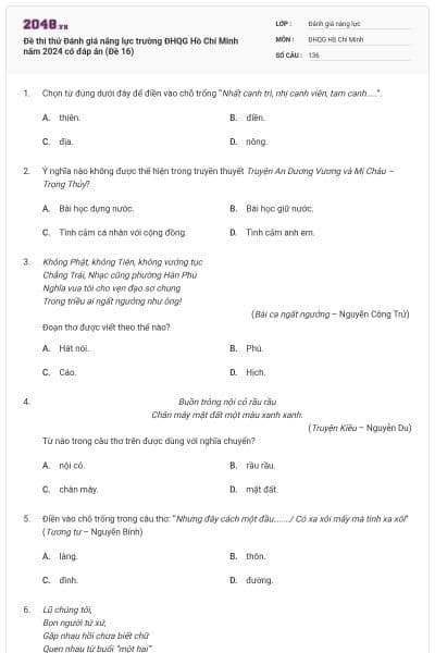 Đề thi thử Đánh giá năng lực trường ĐHQG Hồ Chí Minh năm 2024 có đáp án (Đề 16)