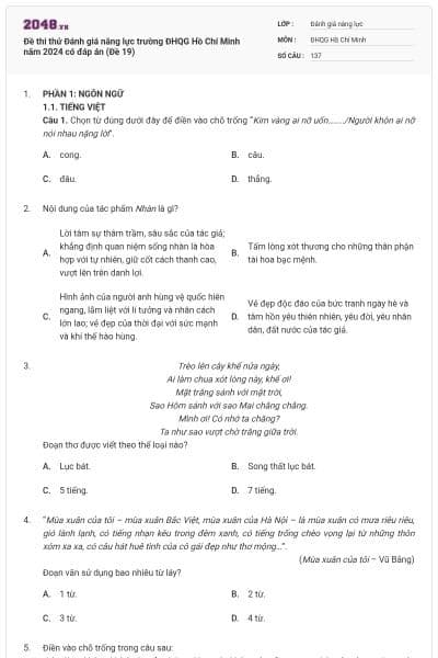Đề thi thử Đánh giá năng lực trường ĐHQG Hồ Chí Minh năm 2024 có đáp án (Đề 19)