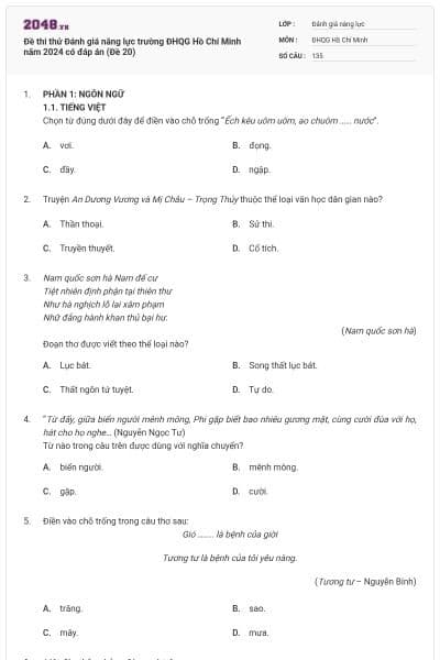 Đề thi thử Đánh giá năng lực trường ĐHQG Hồ Chí Minh năm 2024 có đáp án (Đề 20)