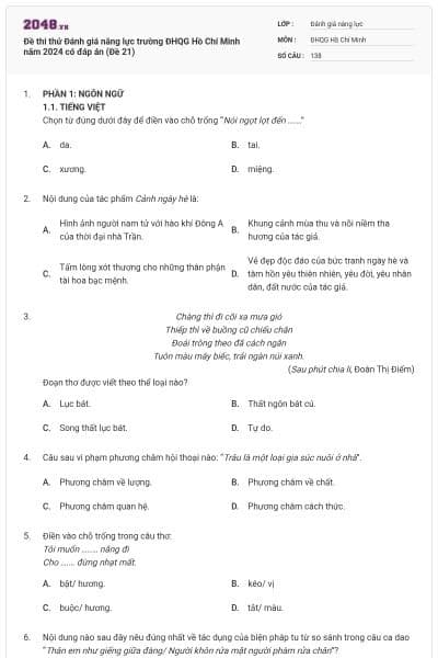 Đề thi thử Đánh giá năng lực trường ĐHQG Hồ Chí Minh năm 2024 có đáp án (Đề 21)